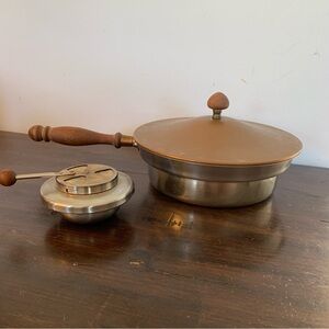 MCM Chafing Dish Pot Lid Sterno Warmer Vintage Metal Brown Wood Hosting Kitchen